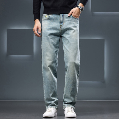 高端广州新塘镇牛仔裤男春秋季2025新款男士直筒宽松阔腿弹力裤子