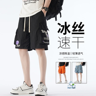 新款 潮牌印花工装 五分裤 夏季 宽松潮流直筒中裤 男士 子薄款 冰丝短裤