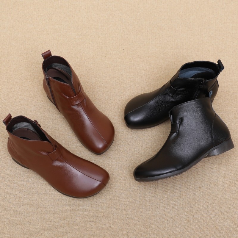 复古真皮短靴女秋冬季低跟圆头软底舒适中老年皮靴加绒保暖女棉鞋,女鞋,时装靴,淘宝优惠券,粉丝福利购,淘宝优惠卷