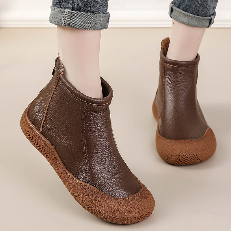 真皮短靴女平底2025秋冬季复古休闲软底单靴加绒保暖棉鞋女马丁靴,女鞋,马丁靴,淘宝优惠券,粉丝福利购,淘宝优惠卷