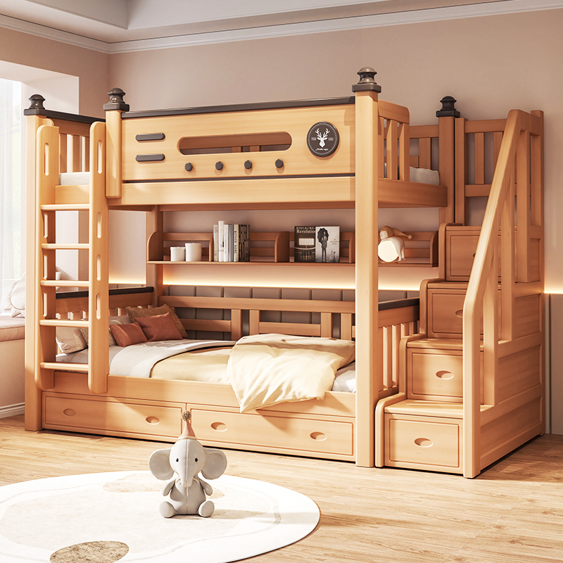 榉木上下床同宽平行床全实木儿童高低床成人子母床上下铺木床双层