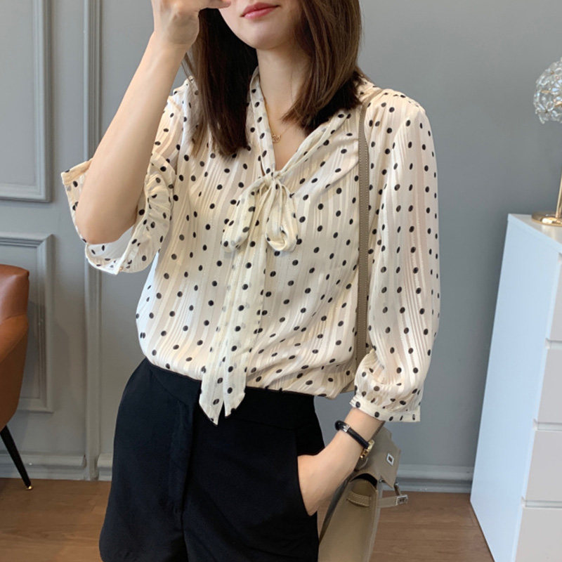 FIRST-LINE BRAND DISCOUNT WOMENS FOREIGN TRADE EXPORT TO JAPAN CLEARANCE WITHDRAWAL OF BRIGHT SILK POLKA DOT STREAMERS FRENCH TEMPERAMENT SHIRTS