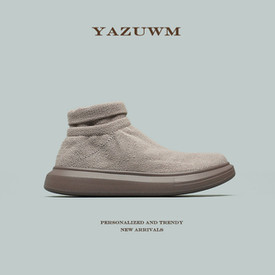 秋冬弹力呢绒面料高帮板鞋男女款一脚蹬袜子鞋显高束口平底休闲鞋