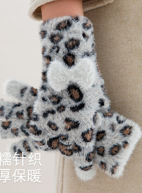 豹纹手套骑行女士冬季加厚滑雪保暖骑车防风御寒毛绒复古2025新款