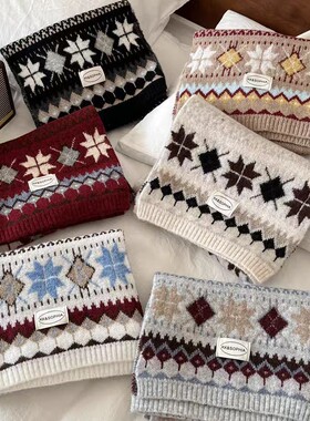 复古费尔岛风提花针织围巾女冬季百搭ins风保暖防寒护颈围脖披肩