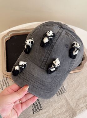 小众童趣diy熊猫公仔卡通棒球帽女春夏户外出游防晒遮阳鸭舌帽男