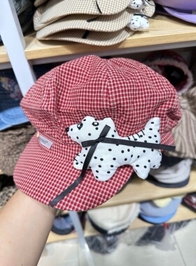 25年新款日系可爱波点小狗格纹贝雷帽女春夏时尚八角帽报童帽