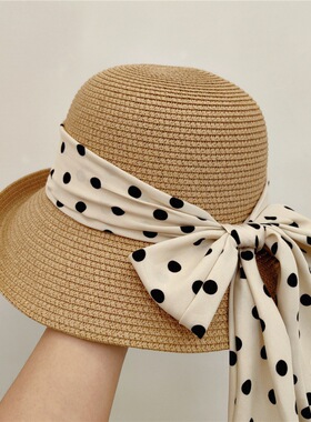 法式复古优雅波点蝴蝶结遮阳帽草帽女夏季海边度假沙滩防晒盆帽