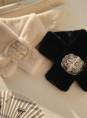 重工刺绣仿水貂毛玉扣交叉毛领围脖女士冬季保暖护颈毛毛围巾外搭