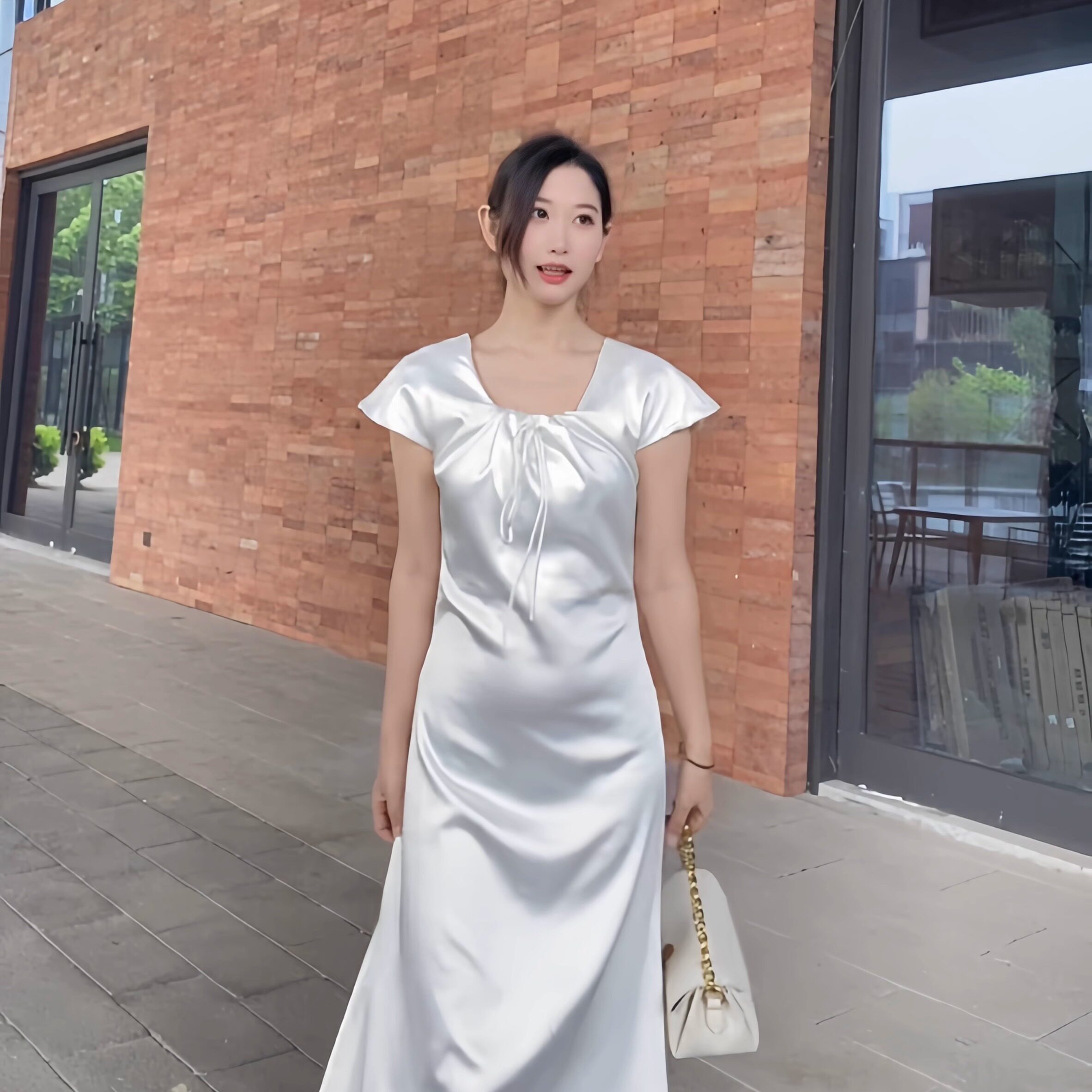 实拍复古性感短袖抽绳系带收腰显瘦连衣裙缎面鱼尾长裙女