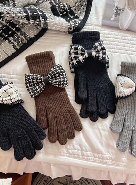 韩国东大门新款女毛线针织蝴蝶结手套冬季保暖分指可触屏时尚手套