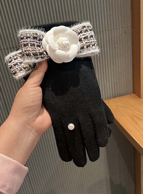 韩版名媛小香风蝴蝶结山茶花气质羊毛分指保暖加厚手套骑车可触屏