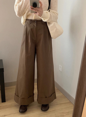 SKY 2023韩系简约高腰裤脚翻边直筒阔腿裤休闲宽松百搭长裤女