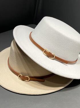 英伦风平顶礼帽女秋冬毛呢短檐百搭皮带扣爵士帽欧美时尚百搭复古