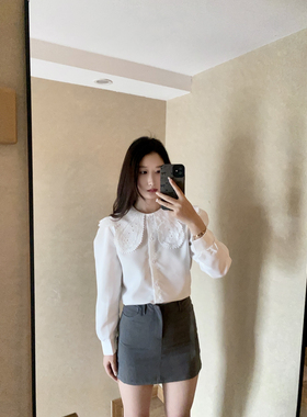 早春百搭花瓣领蕾丝设计感娃娃领长袖衬衫女白色衬衣别致夏季