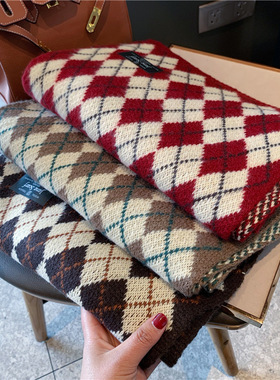 围巾女ins复古菱形格子送礼加厚针织仿羊绒围脖格纹加厚款ins风