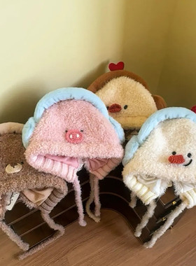 卡通风圆顶休闲风休闲无檐帽子冬季护耳帽宝宝毛绒秋冬