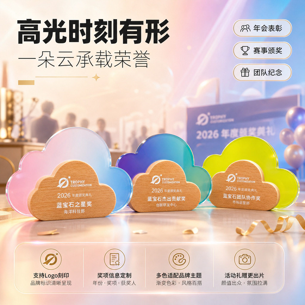 创意高级感云朵发光奖杯定制定做云端荣誉优秀员工颁奖纪念教培办公室摆件