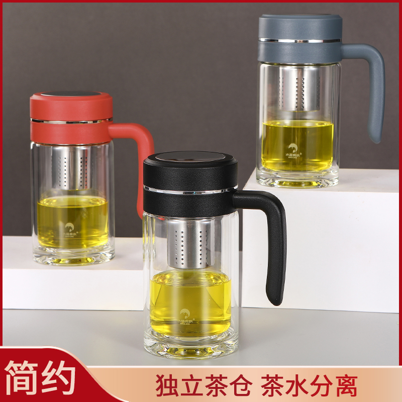 双层玻璃茶水分离泡花茶杯商务办公手柄隔热高硼硅商务水杯子男女