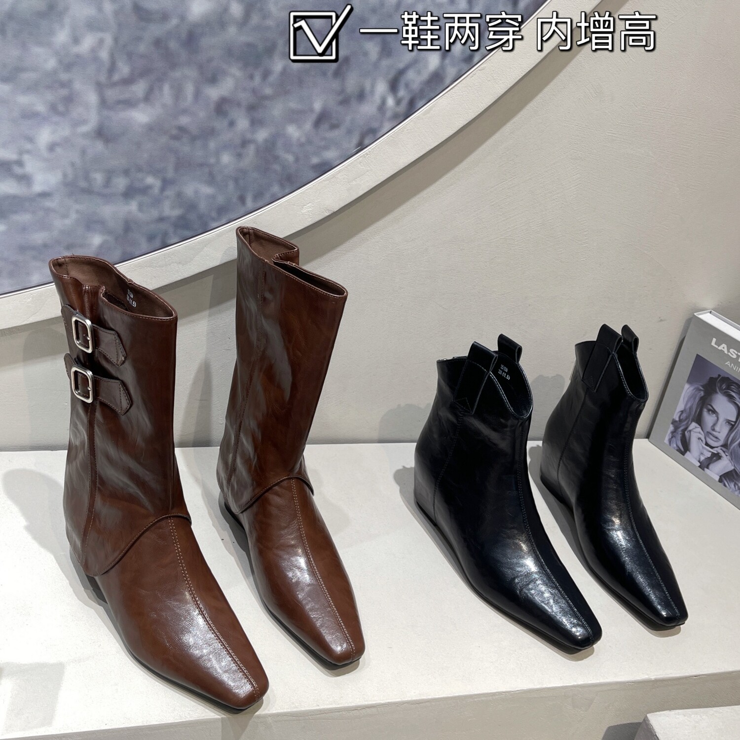 2025年秋冬内增高方头两穿西部靴女复古美拉德瘦瘦潮靴中筒裤管靴,女鞋,时装靴,淘宝优惠券,粉丝福利购,淘宝优惠卷