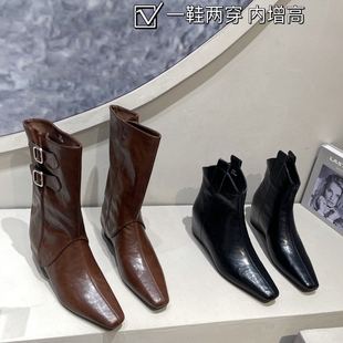 2025年秋冬内增高方头两穿西部靴女复古美拉德瘦瘦潮靴中筒裤管靴