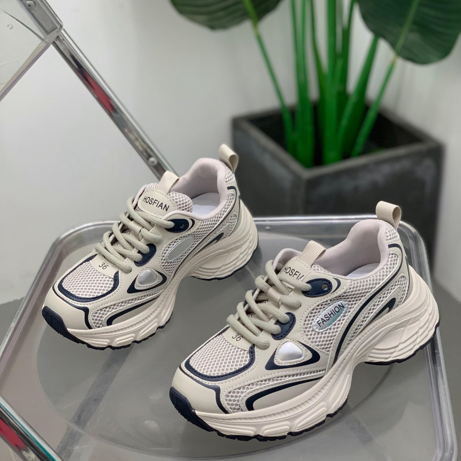 复古真皮网面老爹鞋女厚底显瘦