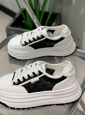 蕾丝网透气真皮小白鞋女2025夏季轻便厚底大头鞋运动百搭休闲板鞋