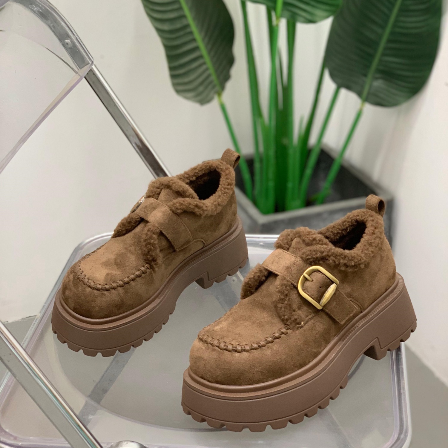 6CM加绒保暖乐福鞋女魔术贴棉鞋