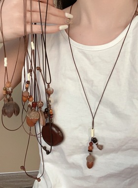 新中式橡果吊坠项链女民族风唐装棉麻长毛衣链复古高级感配饰挂件