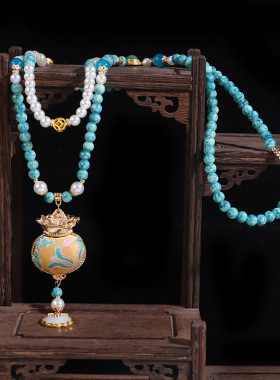 新中式国风旗袍绿松石串珠宋锦香包吊坠项链复古配饰毛衣链高级感
