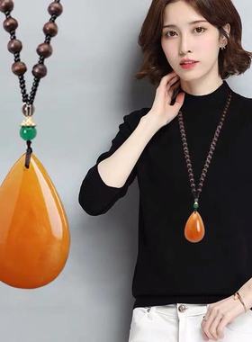 蜜蜡水滴平安扣吊坠长款荷木珠佛珠毛衣链女旗袍唐装配饰气质挂坠