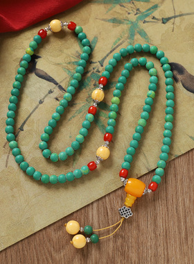 新中式国风男女蜜蜡木珠绿松石手串项链108颗佛珠手链毛衣链配饰