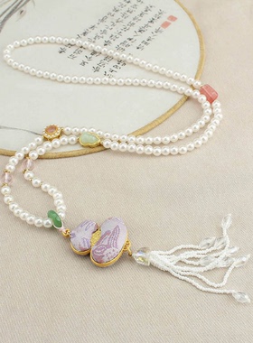 宋锦紫色葫芦项链女新中式国风轻奢高级感珍珠流苏毛衣链旗袍配饰