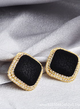 法式港风简约气质时尚复古布艺方形黑色耳钉个性耳环耳坠耳饰耳针