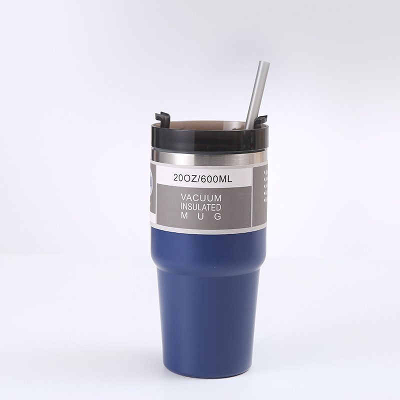 04 stainless steel insulated cup engraved with large capacity straw ice cream cup, car mounted cold insulation car cup, custom printed logo (1627207:24776594648:Color classification:0oz/600ml navy blue straight fit)