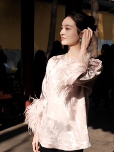 盛唐牡丹新中式 真丝提花鸵鸟毛上衣女拍下改价2680 2023夏季