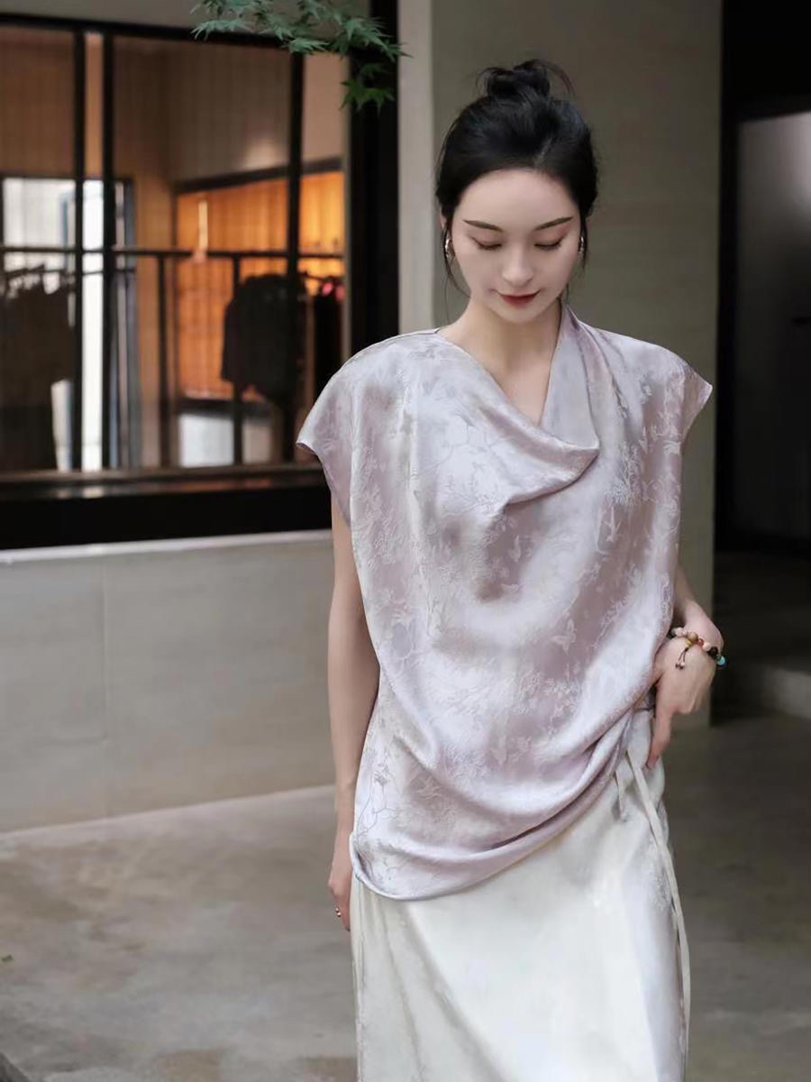 盛唐牡丹新中式2023夏季真丝提花荡领上衣女拍改价1080