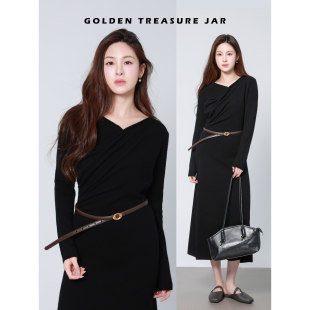 羊毛针织连衣裙秋冬收腰显瘦v领小黑裙长裙 Jar Golden Treasure