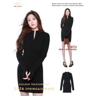 羊毛针织半高领连衣裙春秋款 Golden 黑色气质修身 Jar Treasure