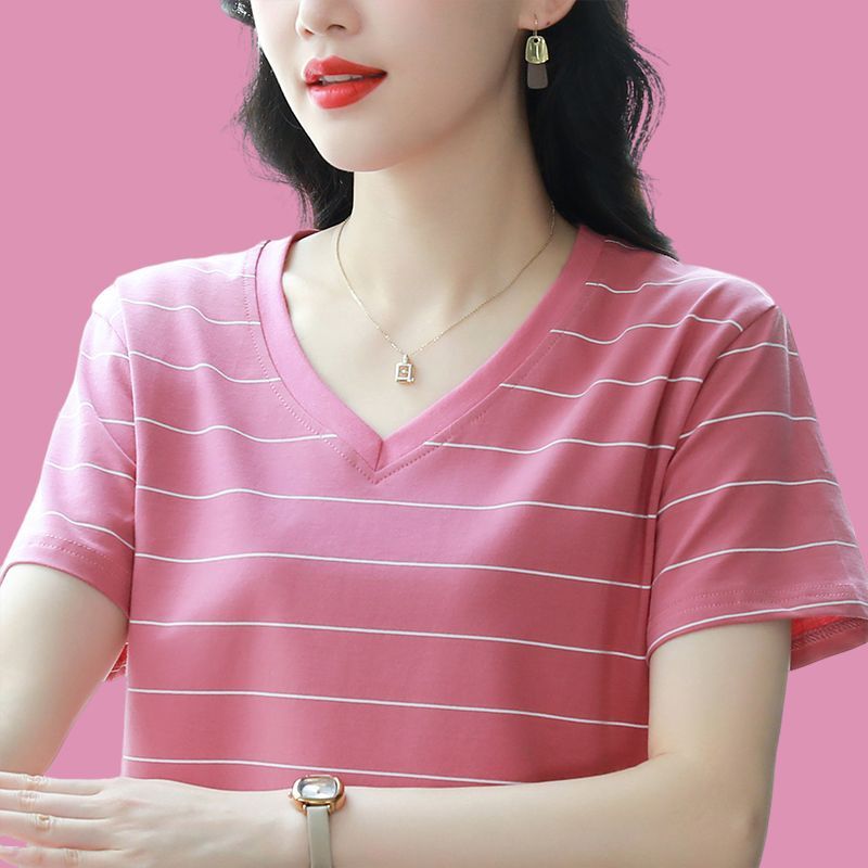 2024年新款夏装纯棉条纹短袖T恤女宽松妈妈遮肉洋气上衣半袖汗衫