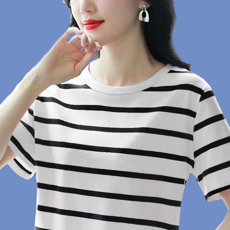 纯棉条纹夏装新款短袖T恤女宽松大码半袖遮肚中年妈妈上衣服薄款