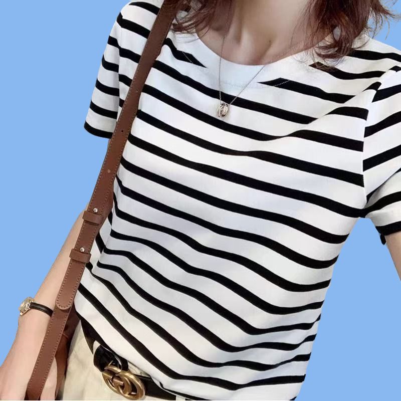 纯棉短袖t恤女新款夏季条纹大码宽松上衣中年妈妈遮肚子半袖体恤