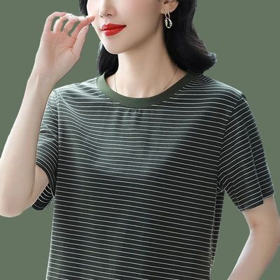 纯棉条纹短袖T恤女宽松遮肚子上衣2025年新款中年妈妈装半袖大码