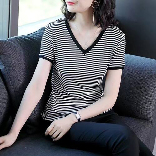 2026新款夏装纯棉短袖t恤女宽松大码条纹胖妈妈装半袖体恤衫上衣