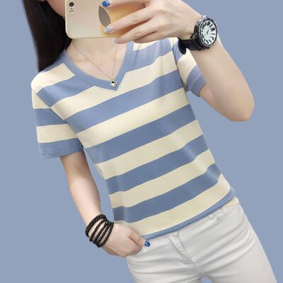正肩新款夏装大码宽松上衣纯棉短袖女t恤高档妈妈条纹半袖体恤衫