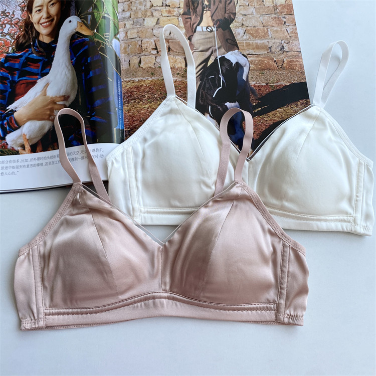 出口日单 法式轻奢舒适三角杯双面真丝缎面无钢圈蚕丝文胸内衣女
