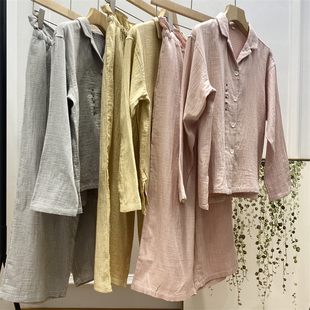 日式 双层新疆长绒棉纱舒适透气越穿越软条纹睡衣居家套装春夏女