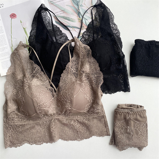 套装 性感美背一体罩杯鸢尾花水溶软蕾丝无钢圈真丝文胸裆短裤 法式