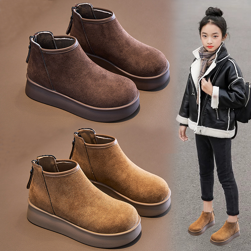 女童靴子2025秋冬季新款加绒女孩勃肯短靴雪地马丁靴二棉大童鞋子