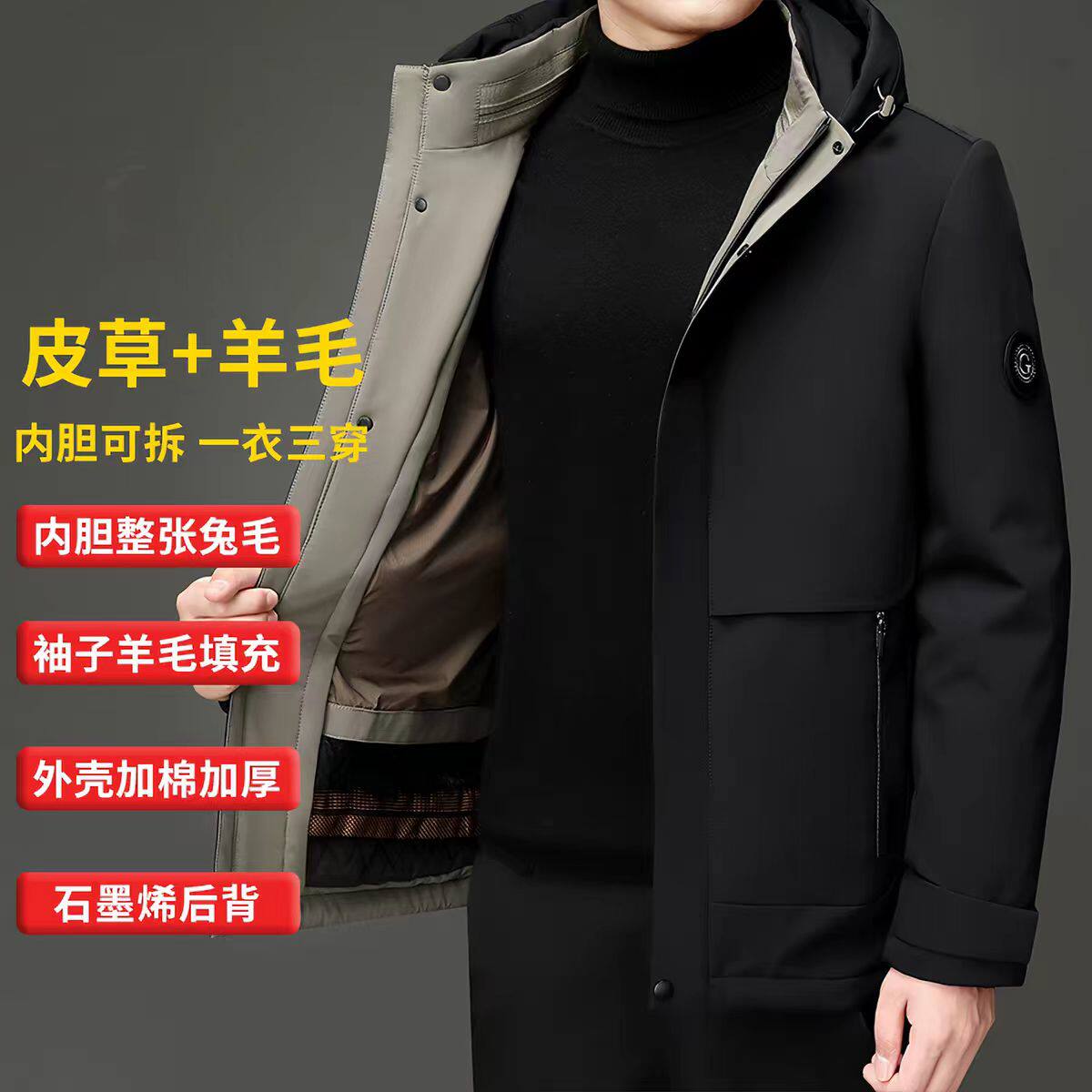 休闲皮草毛袖派克服中年爸爸外套冬季兔毛加绒加厚保暖男士尼克服